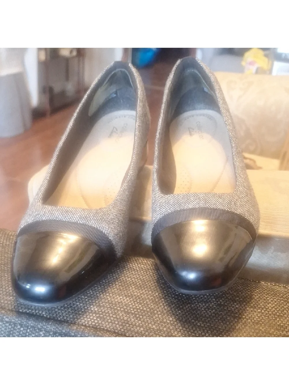 Clarks Women's Gray Fabric Flats with Black Patent Cap Toe